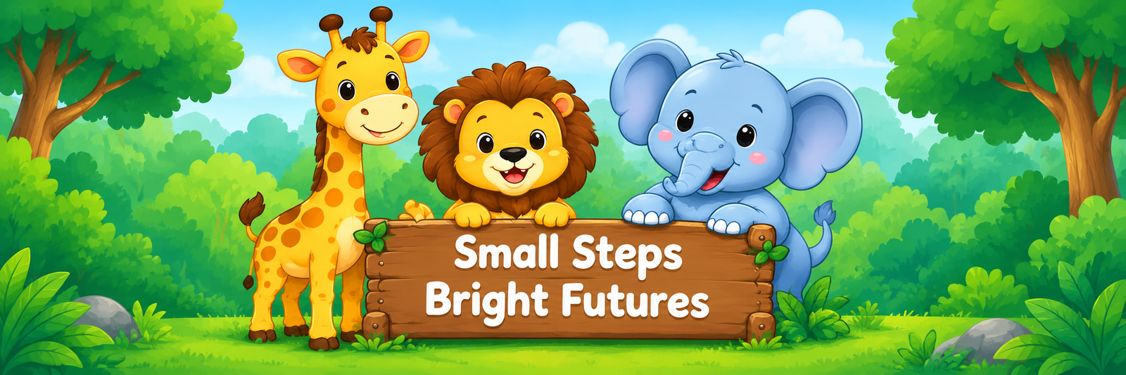 Small Steps, Bright Futures – cartoon giraffe, lion and elephant beside a wooden sign